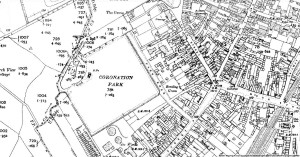 A section of the 1908 Ordnance Survey map showing Coronation Park in Ormskirk